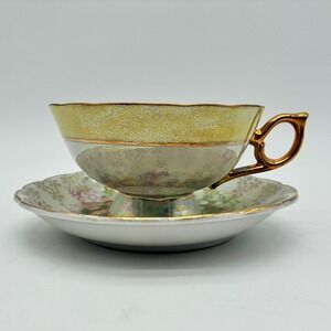 Vintage Lusterware Footed Tea Cup & Saucer Set, Gold Handle, Fruit Design E-3141